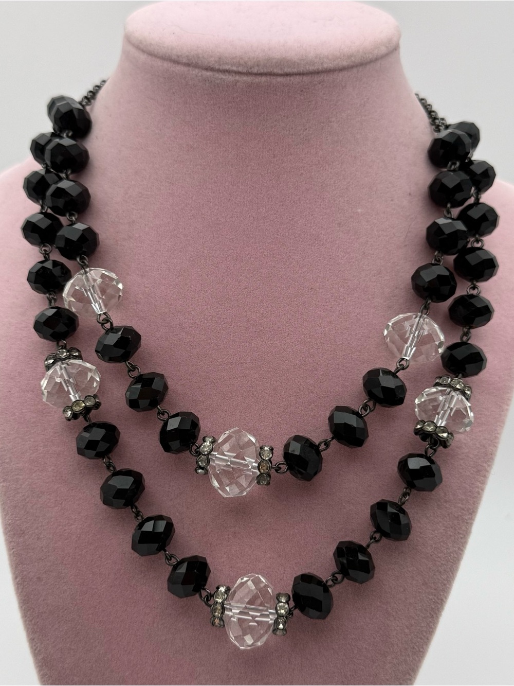 Vintage crown Trifari 1960s Black and Clear Faceted Bead Double Strand Necklace